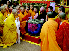 大活佛、大法師及居士們正在觀看蓮師法帳頂所示顯的常與無常之聖蹟。(鄭如君攝)